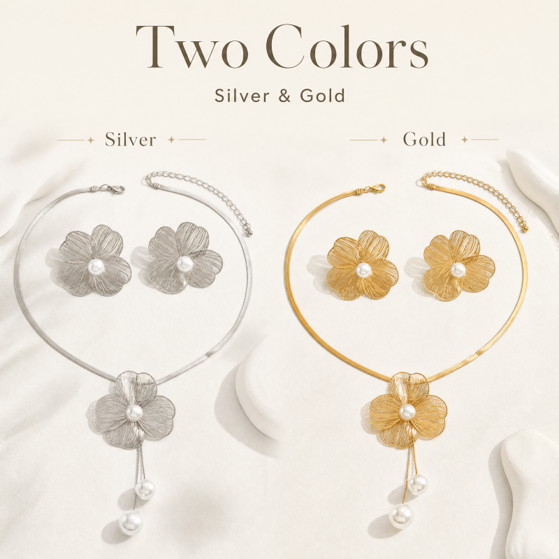 Elegant Flower Pearl Necklace & Earrings Set for Women
