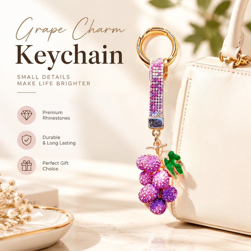 Diamond-Studded Grape Keychain, Car Gift, Key Lanyard, Couple's Bag Accessory, Keychain, Small Gift