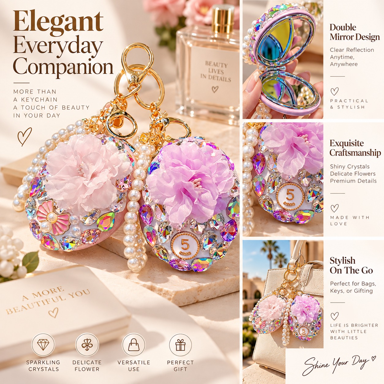 Creative Diamond-Studded, Convenient Oval Makeup Mirror Keychain Pendant—Fashionable Handbag Accessory and Cute Gift for Couples