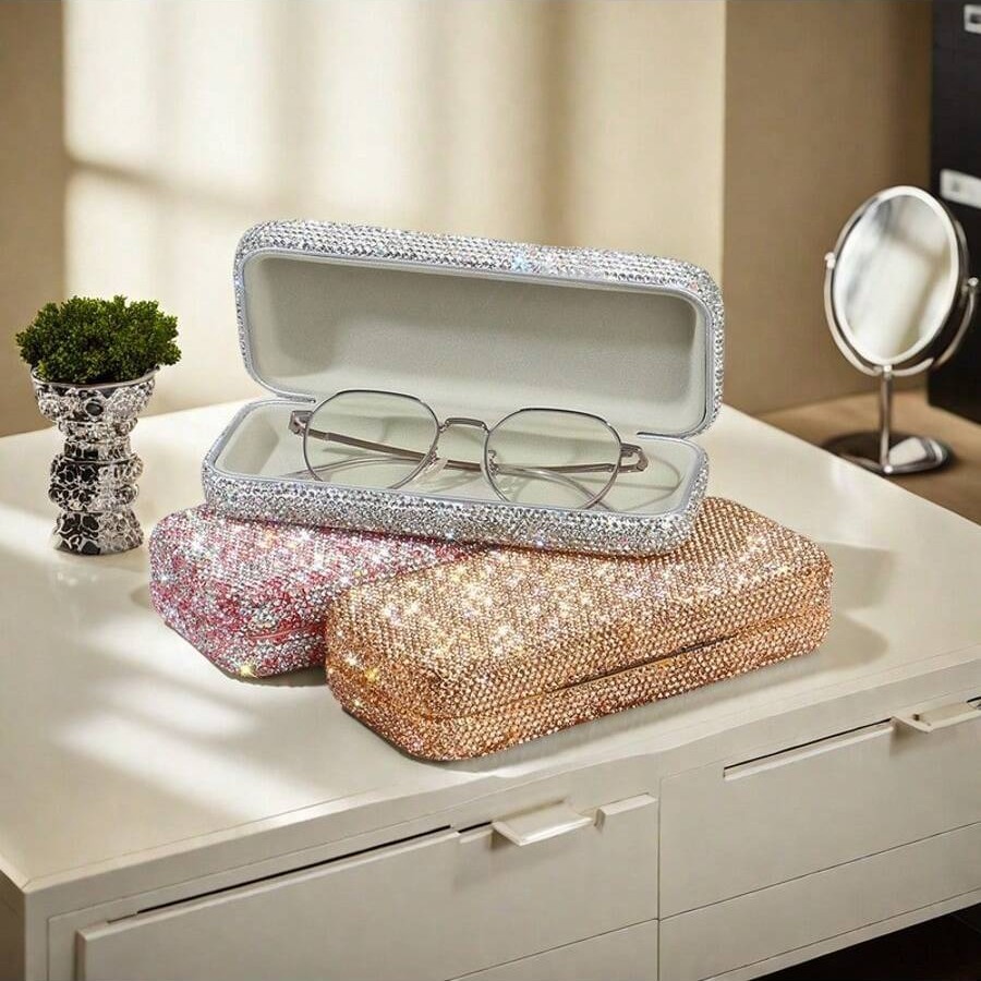 Affordable Luxury Diamond-Encrusted Eyeglass Case and Storage Box—Stylish, Sparkling Crystals, Protects Eyeglasses and Sunglasses