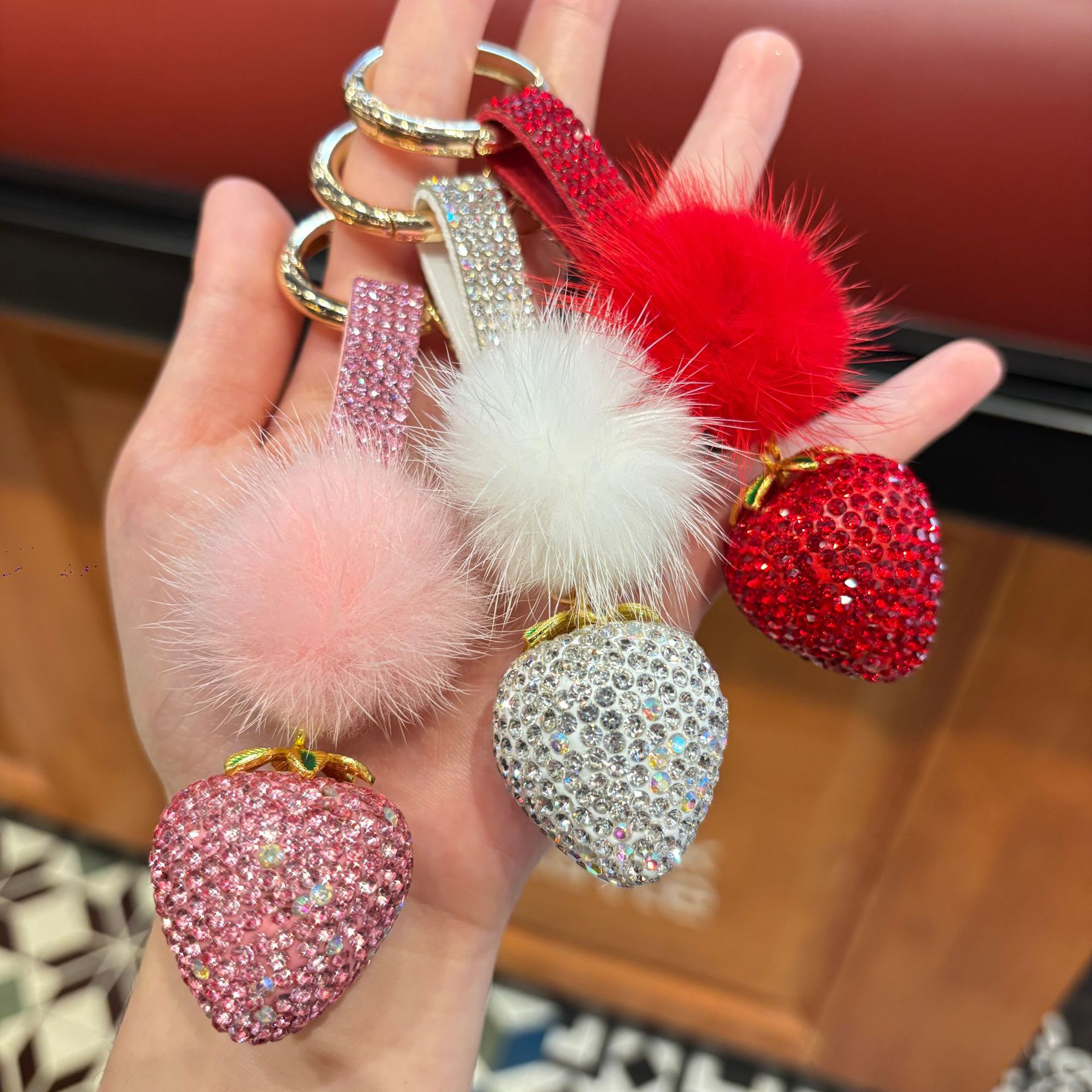 Creative and Fashionable Mink Fur Strawberry Keychain with Full Diamond Accents—Trending Online, Diamond-Studded Cord, Women's Handbag Charm, Small Gift
