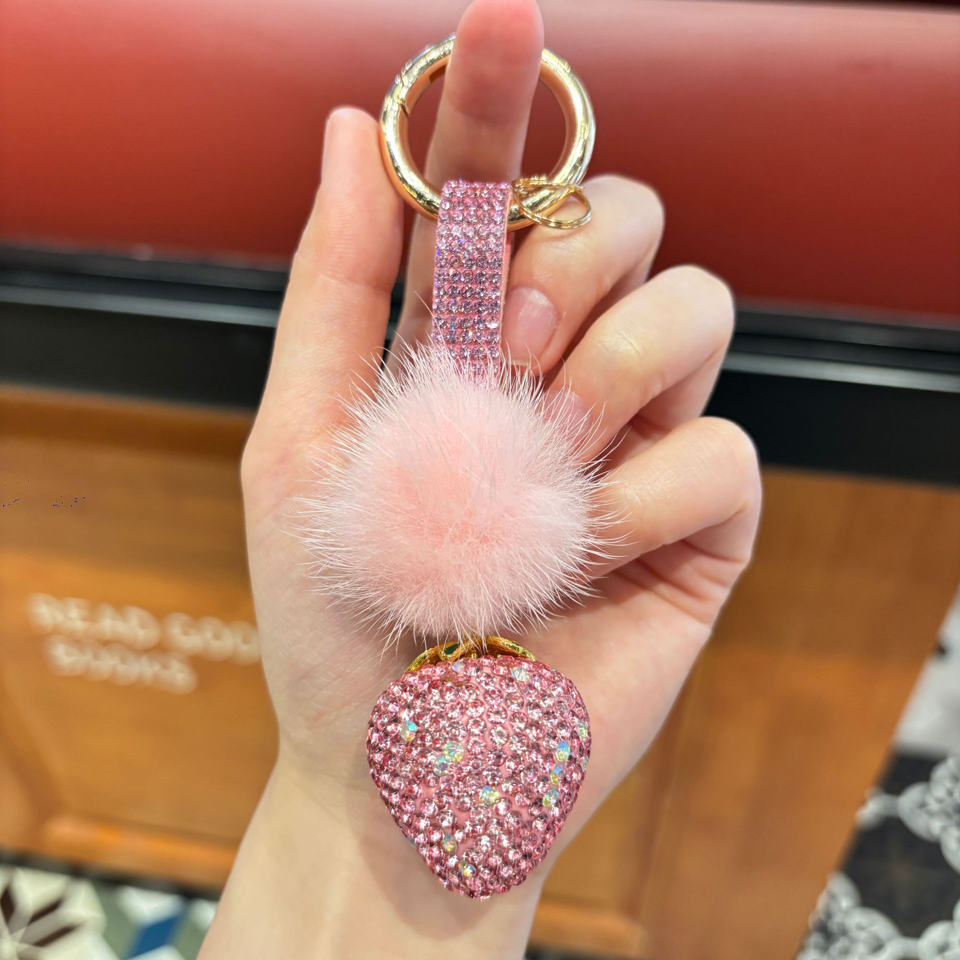Creative and Fashionable Mink Fur Strawberry Keychain with Full Diamond Accents—Trending Online, Diamond-Studded Cord, Women's Handbag Charm, Small Gift