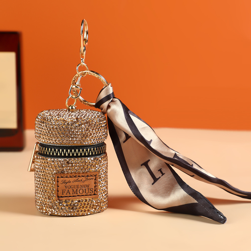 Trendy Keychain: Light Luxury Mini Diamond-Studded Niche Handbag Charm, Round Tote with Scarf and Car Keys