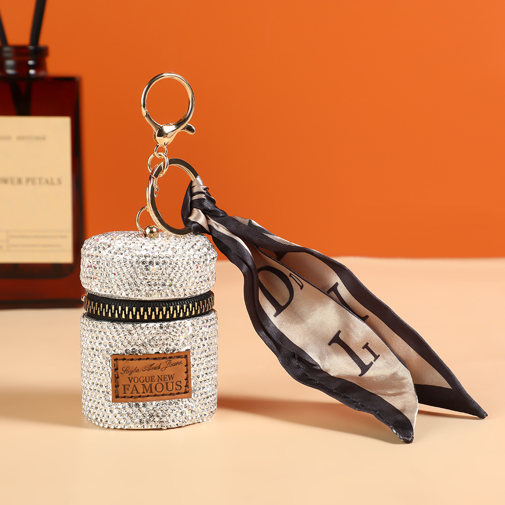 Trendy Keychain: Light Luxury Mini Diamond-Studded Niche Handbag Charm, Round Tote with Scarf and Car Keys