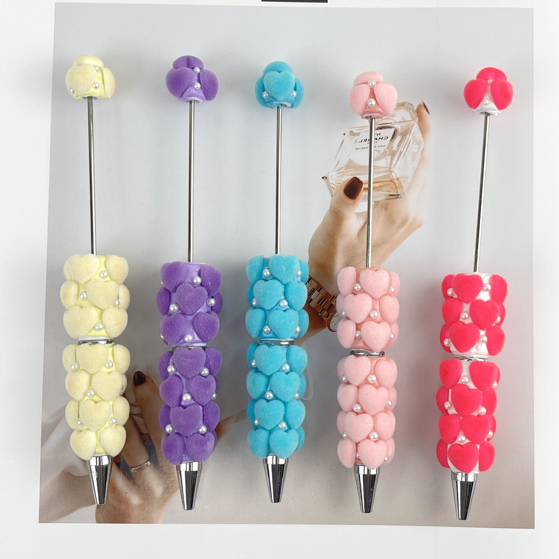 DIY Polymer Clay Flocked Heart Bead Pen, Ballpoint Pen, Korean-Style Creative DIY, Heavy-Duty Cute Bead Pen, Cross-Border Heart-Shaped "Gu" Pen