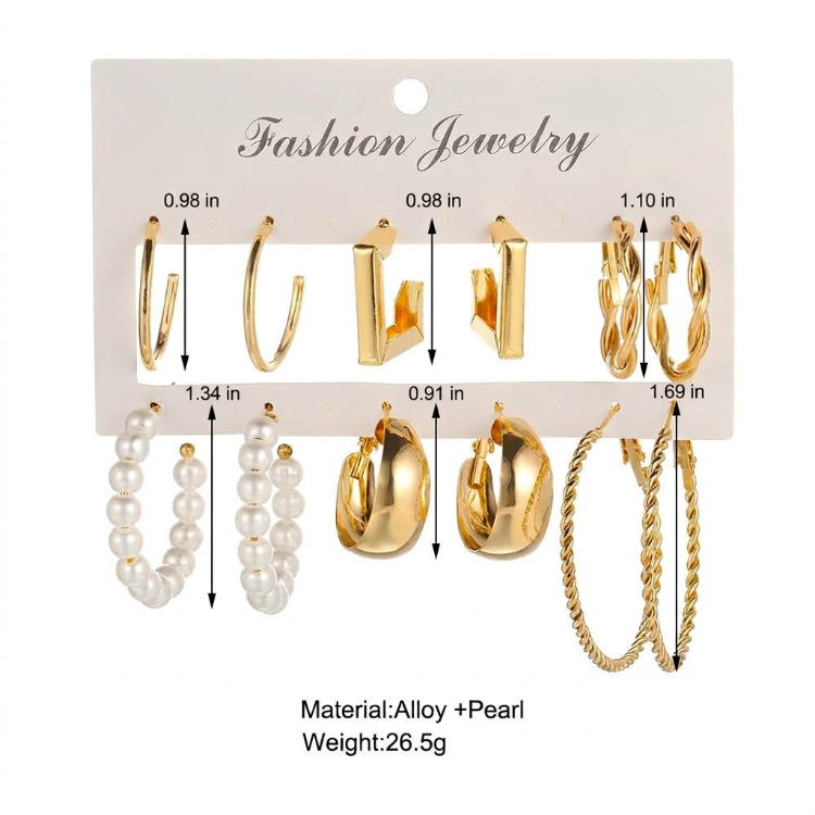 6-Piece Set of Retro European and American-Style Earrings: Eco-Friendly Alloy/Simulated Pearls, Mixed Sizes, Suitable for Everyday Wear and Parties—A Hepburn-Inspired, High-End Accessory That Brightens Your Complexion