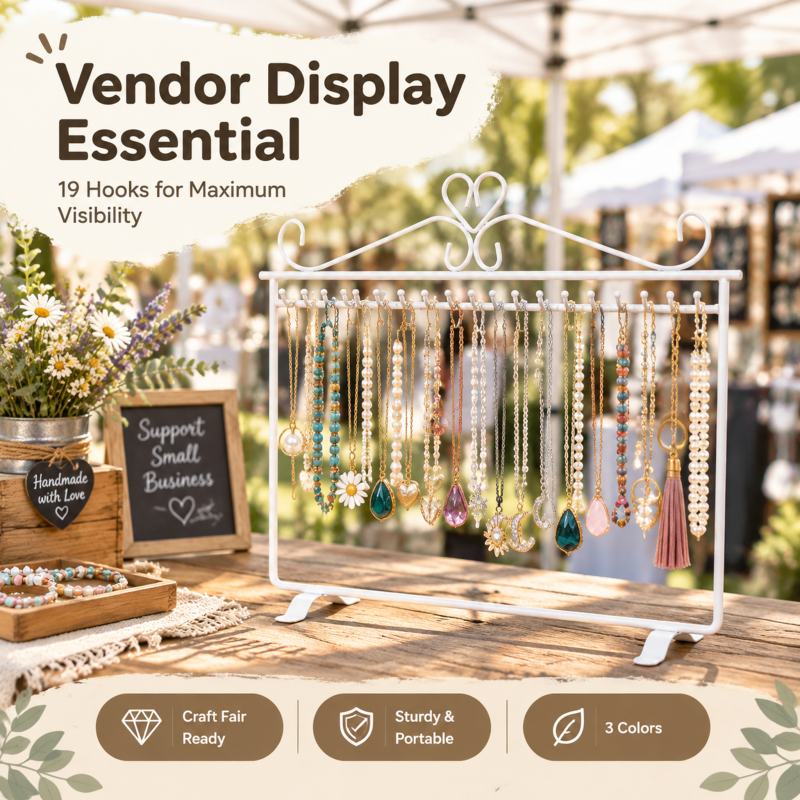 19-Hook Wrought Iron Necklace Display Rack  Approx. 12 inches / 19 hooks  Perfect for street vendors and businesses—a high-capacity, tangle-free display solution