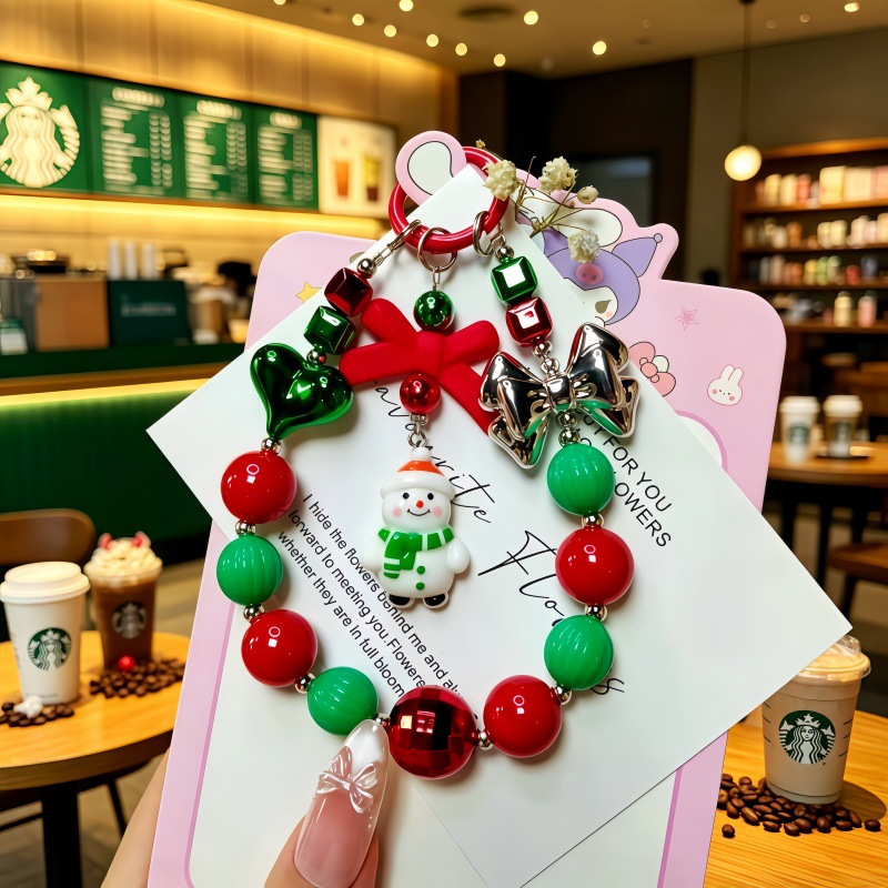 Christmas-themed Cartoon Cell Phone Charms with Beaded Strings (Figures: Approx. 3–5 cm)