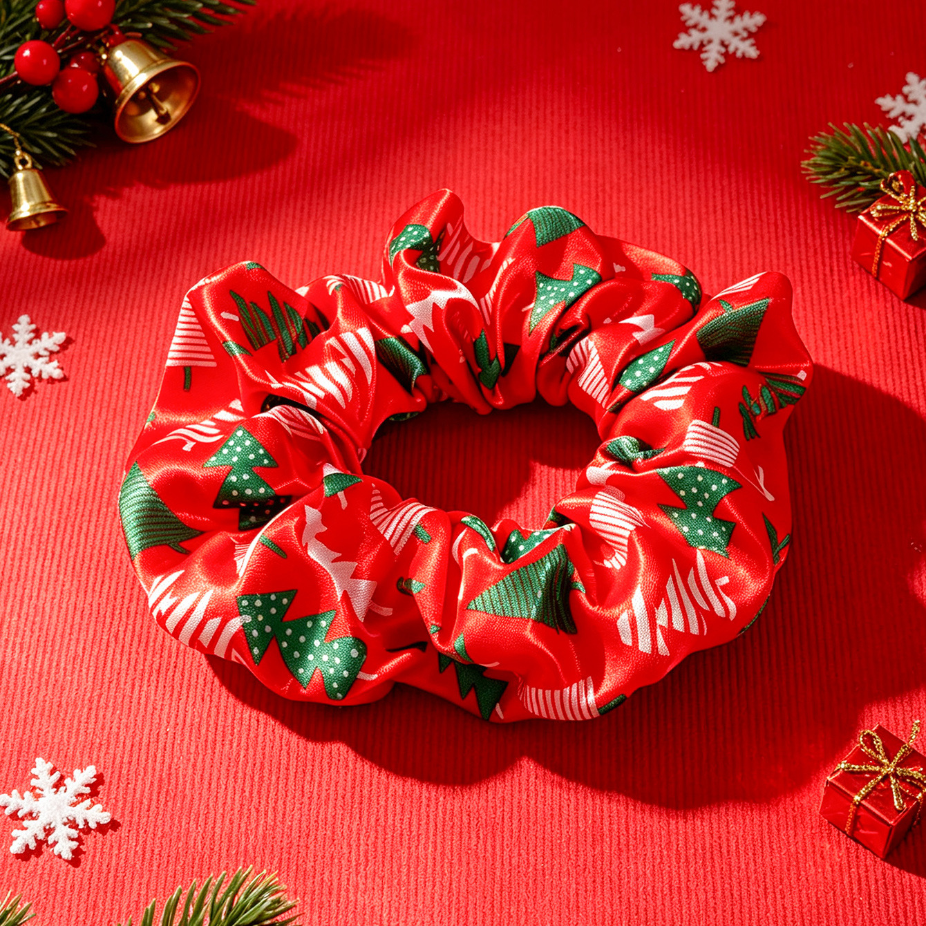 Retro Satin Christmas Hair Tie—Eco-Friendly, Highly Elastic Hair Tie—Size (Diameter: approx. 4.73 inches)