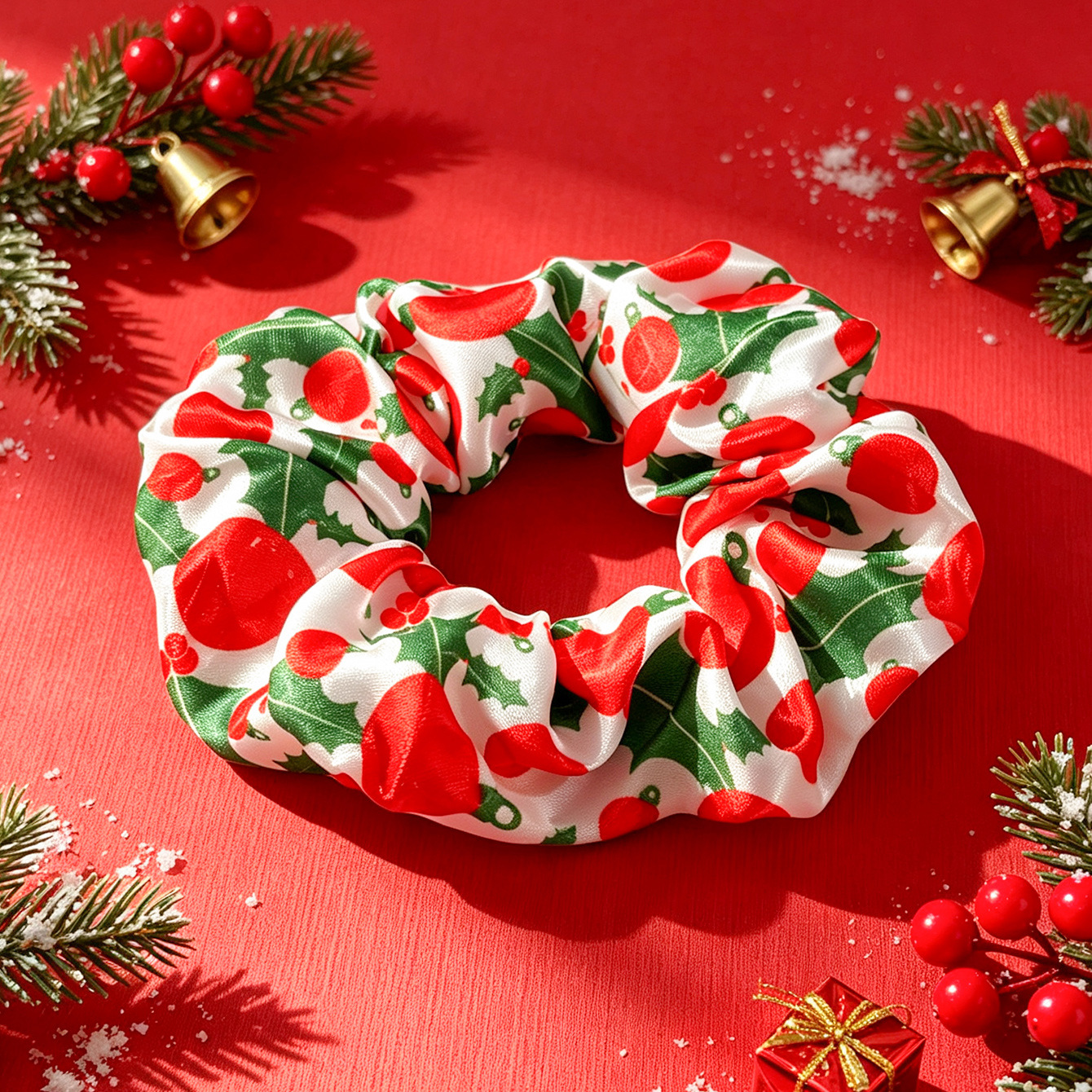 Retro Satin Christmas Hair Tie—Eco-Friendly, Highly Elastic Hair Tie—Size (Diameter: approx. 4.73 inches)