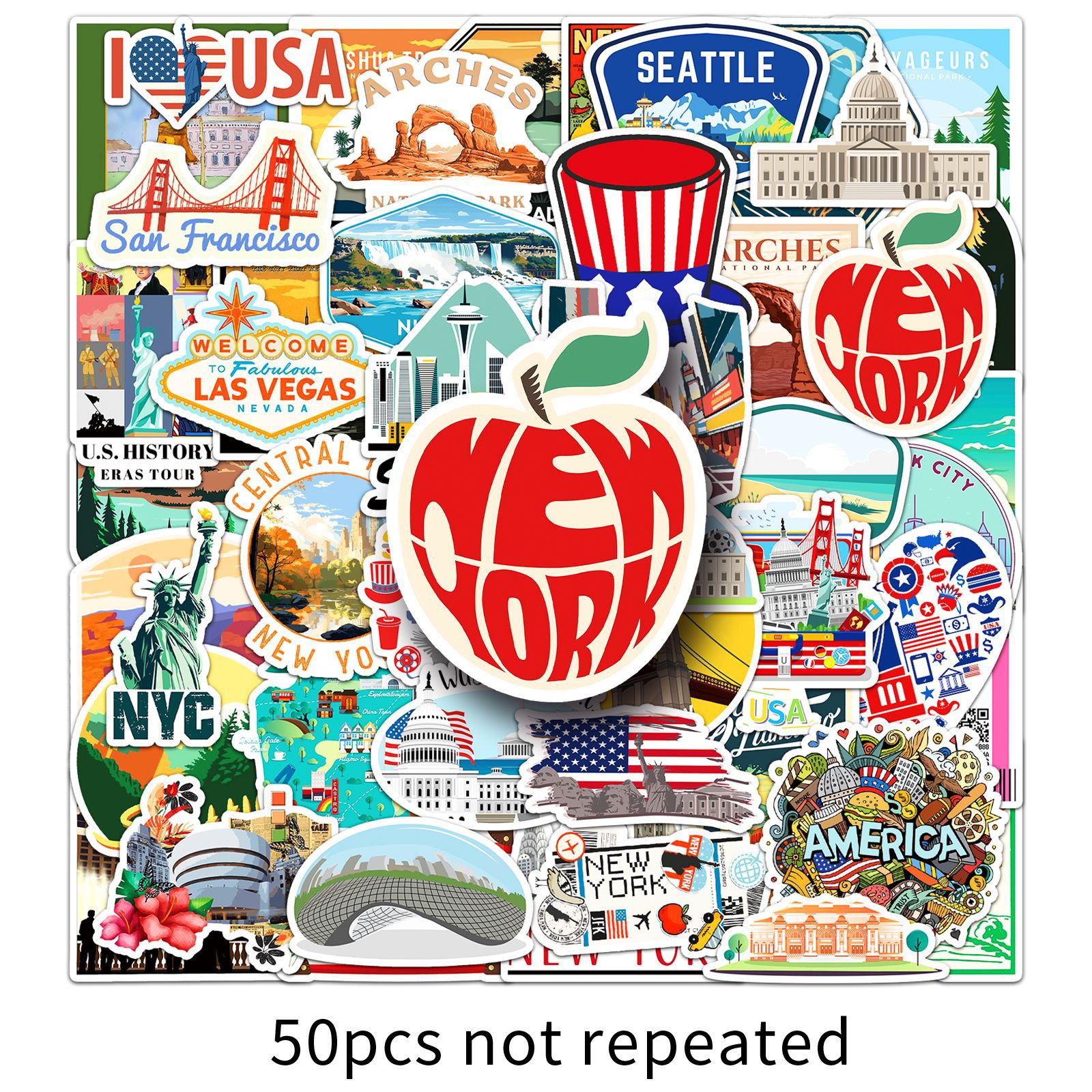 50 American-Themed Waterproof Vinyl Stickers Featuring American Culture