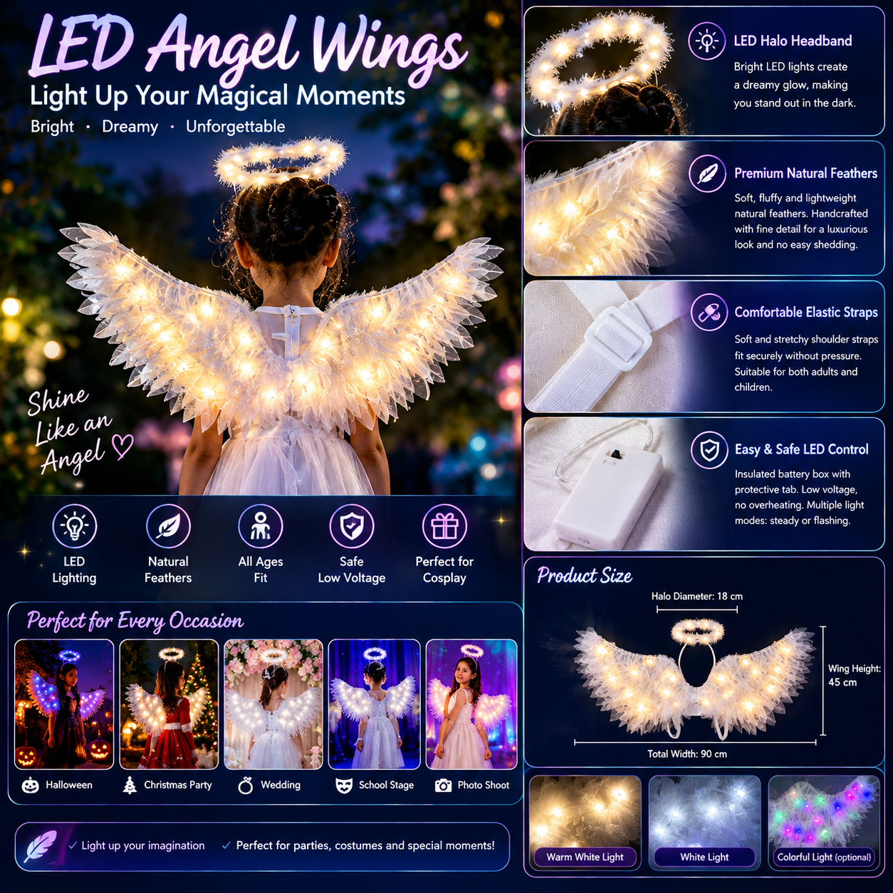 Glowing LED Angel Wings and Halo Set—White Feathered Angel Wings Costume Accessory—Adult and Children's Halloween and Christmas Cosplay Props