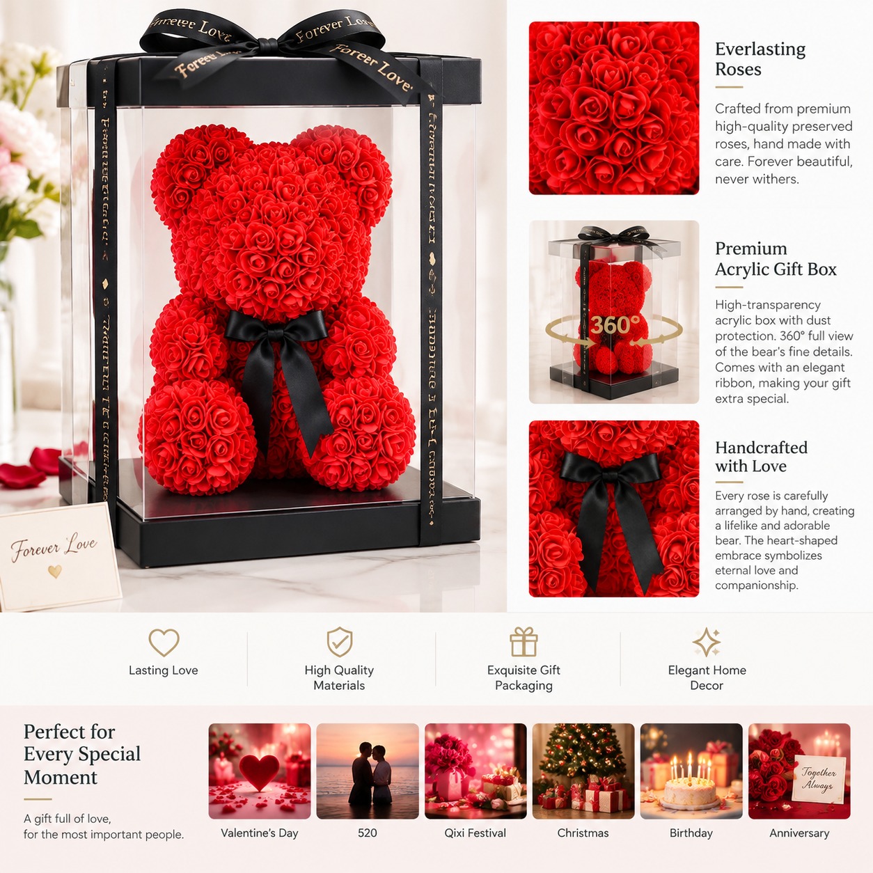 40cm Preserved Rose Bear Gift Set—Heart-Hugging Bear: Perfect for 520, Qixi Festival, Valentine's Day, and Christmas; Birthday Gift for Girls, Confession Gift, or Decorative Ornament
