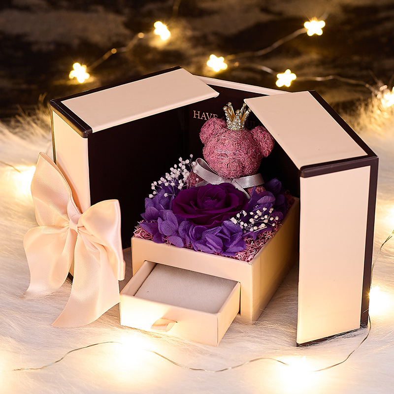 Luxury Double-Door Teddy Bear Jewelry Box with Preserved Flowers Gift Set