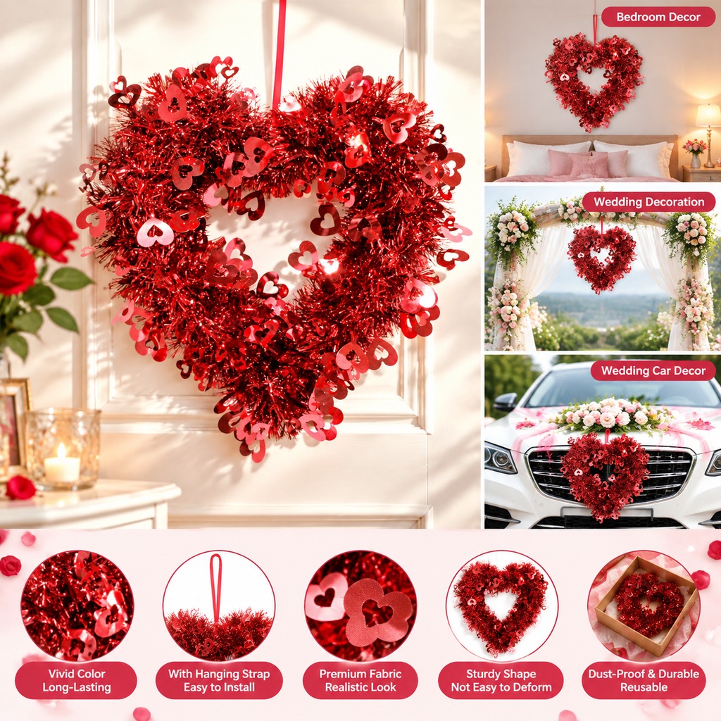 Valentine's Day Heart-Shaped Wreath Ornament—Front Door, Indoor, and Outdoor Wedding Decorations