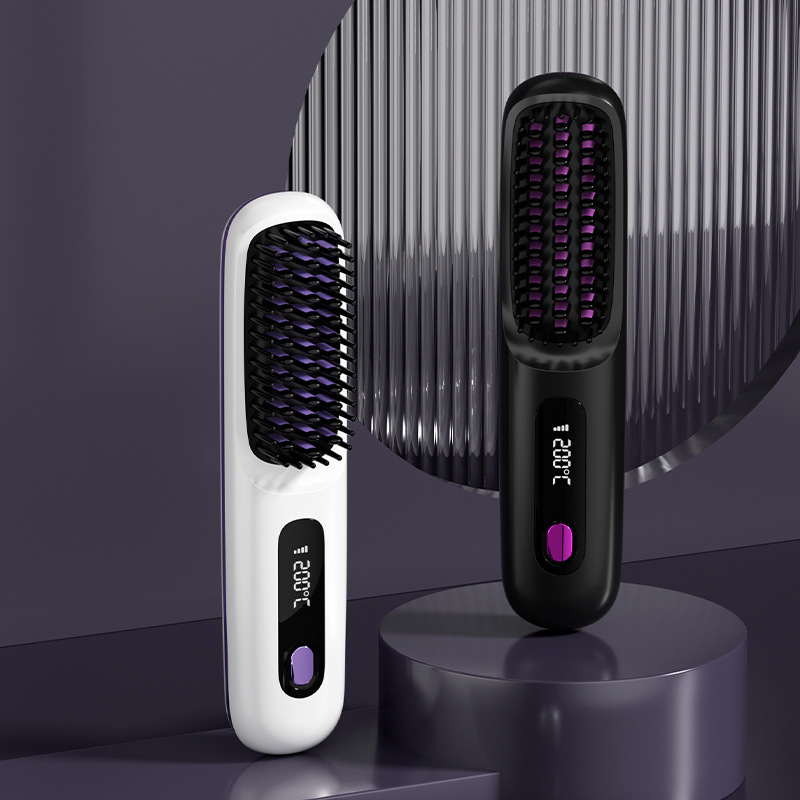 Cordless Straightening Brush with Negative Ions—Portable Hair Straightener