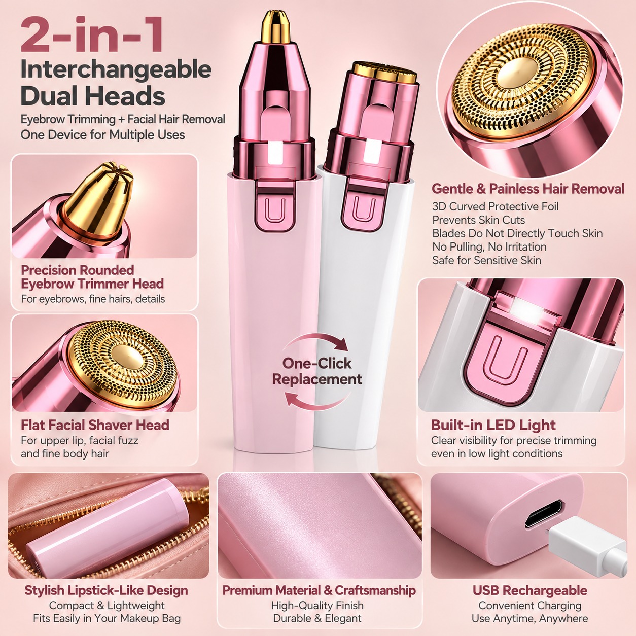 2-in-1 Electric Eyebrow Trimmer (Lipstick Style) for Women