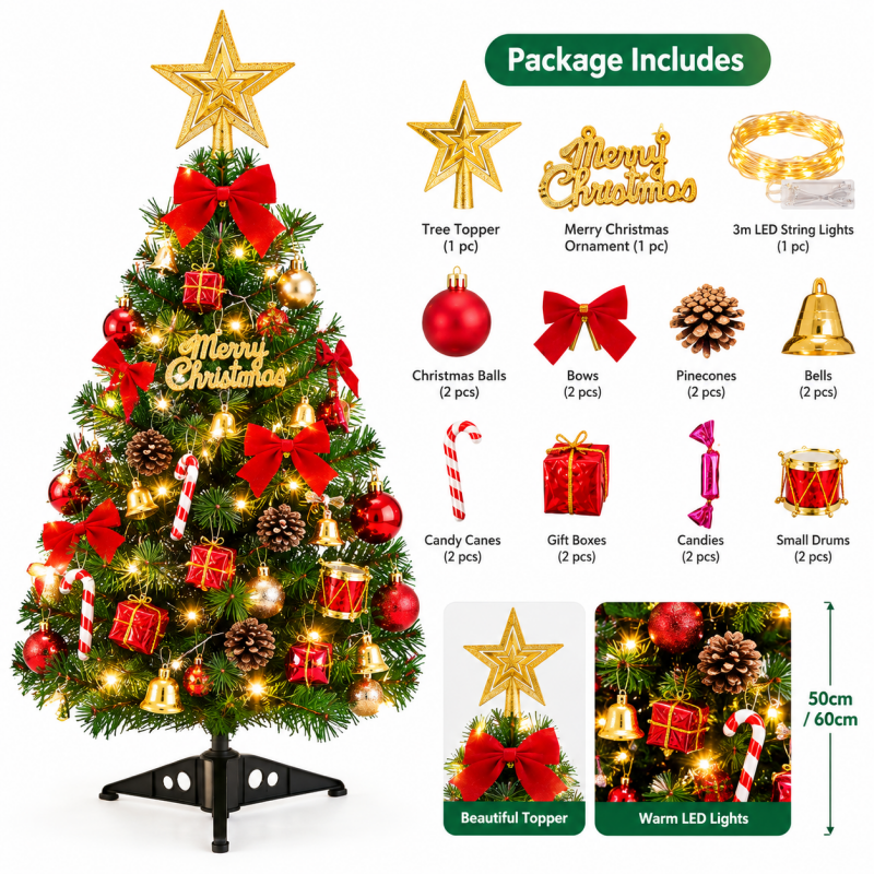 30/50/60 cm LED-Lit PVC Christmas Tree Set—Tabletop Mini Christmas Decorations