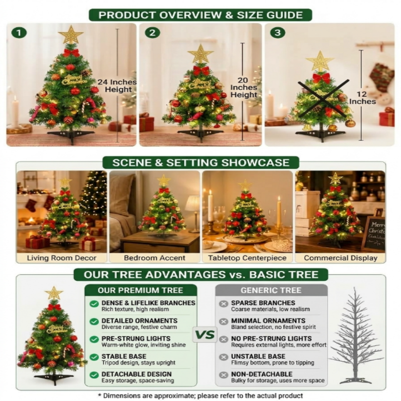 30/50/60 cm LED-Lit PVC Christmas Tree Set—Tabletop Mini Christmas Decorations