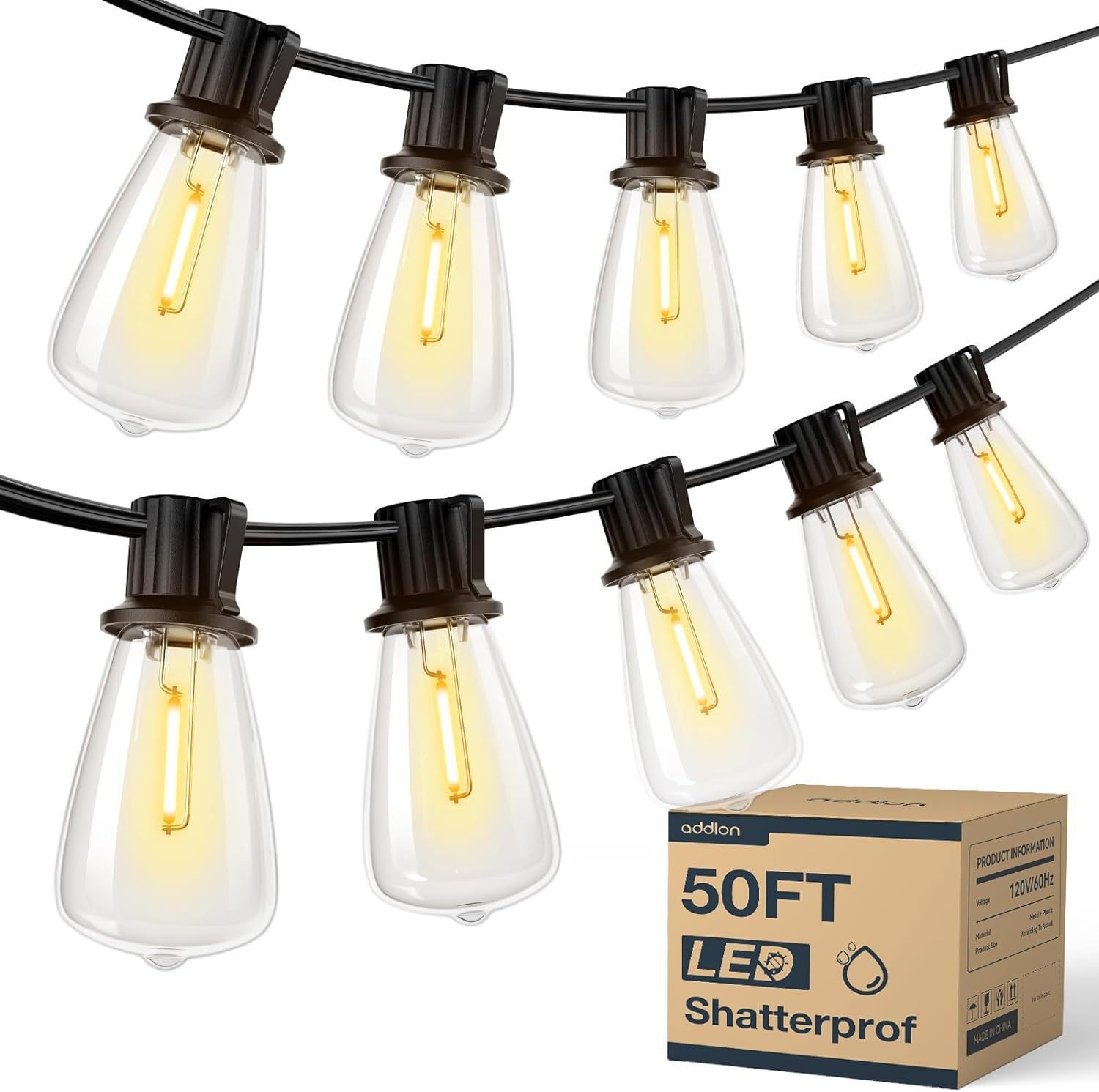 Brightever LED Outdoor String Lights, ST38 Vintage Edison Bulb Garden Lights—Waterproof Outdoor Chandelier Suitable for Porches, Decks, Gardens, and Backyards