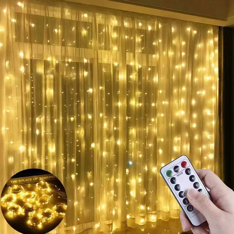 300 LED Fairy Curtain String Lights, 10 x 10 feet (approx. 3 x 3 meters), with Remote Control, Suitable for Bedroom, Wedding, Party, Holiday, and Christmas Decorations (Warm White)