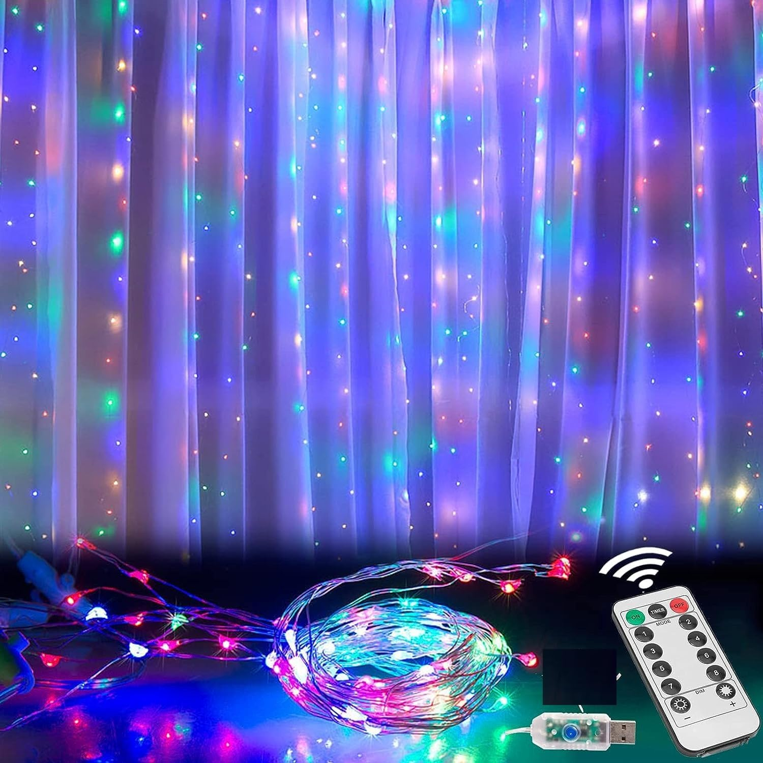 300 LED Fairy Curtain String Lights, 10 x 10 feet (approx. 3 x 3 meters), with Remote Control, Suitable for Bedroom, Wedding, Party, Holiday, and Christmas Decorations (Warm White)