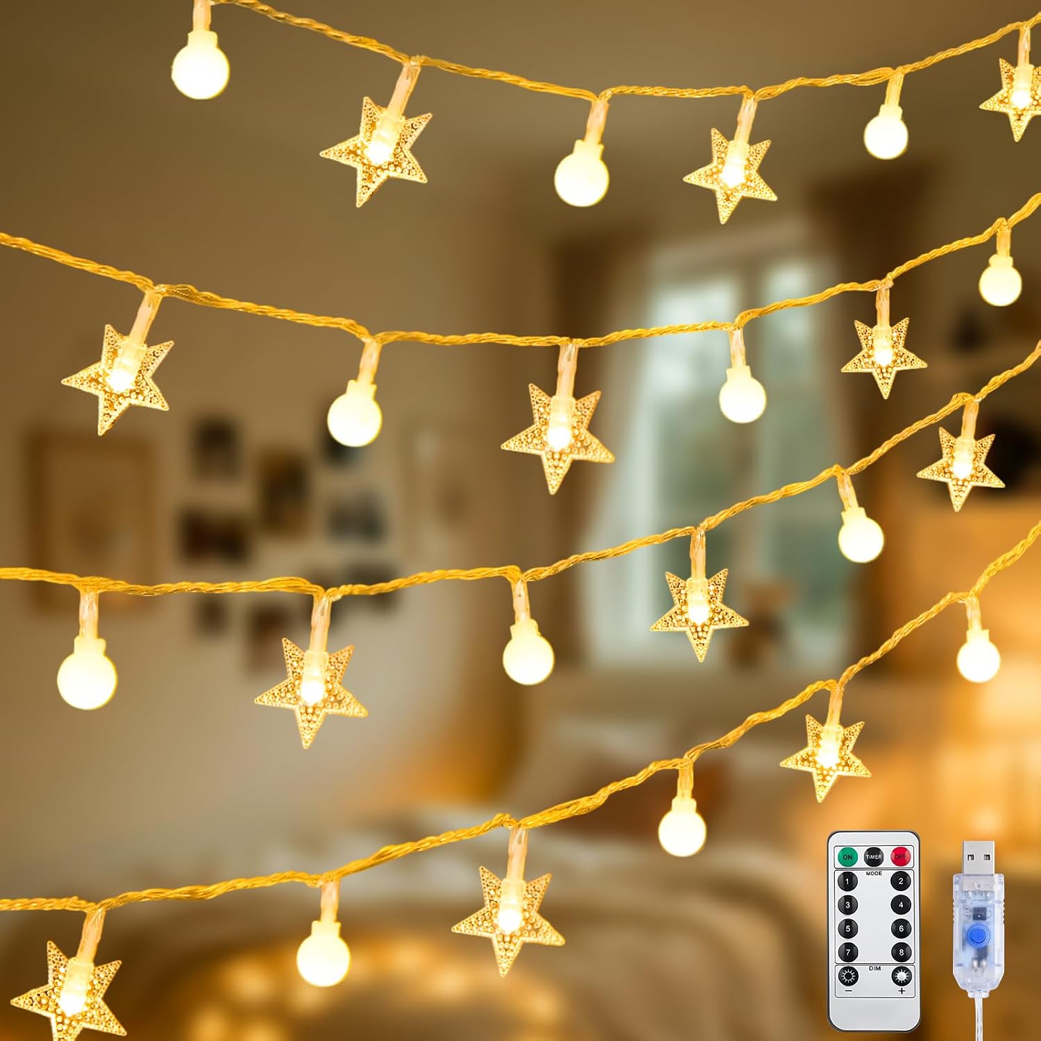 LED Outdoor Camping Mini Round Star String Lights (Warm White) | Battery/USB Dual-Powered, Waterproof Outdoor Decorative Lights | Perfect for camping canopies, tents, Christmas, and other holidays,
