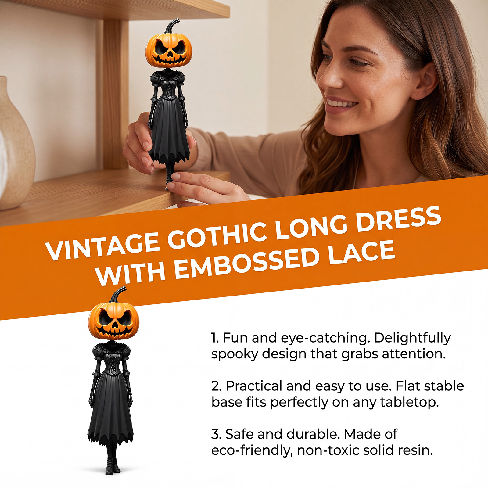 Resin Pumpkin Head Statue Ornament—Modern, Minimalist Halloween Decorative Craft—Desktop Display Piece