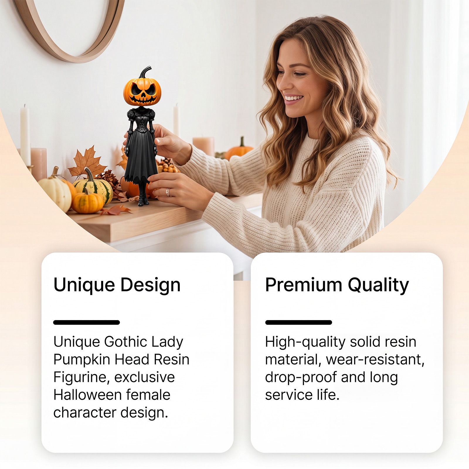 Resin Pumpkin Head Statue Ornament—Modern, Minimalist Halloween Decorative Craft—Desktop Display Piece