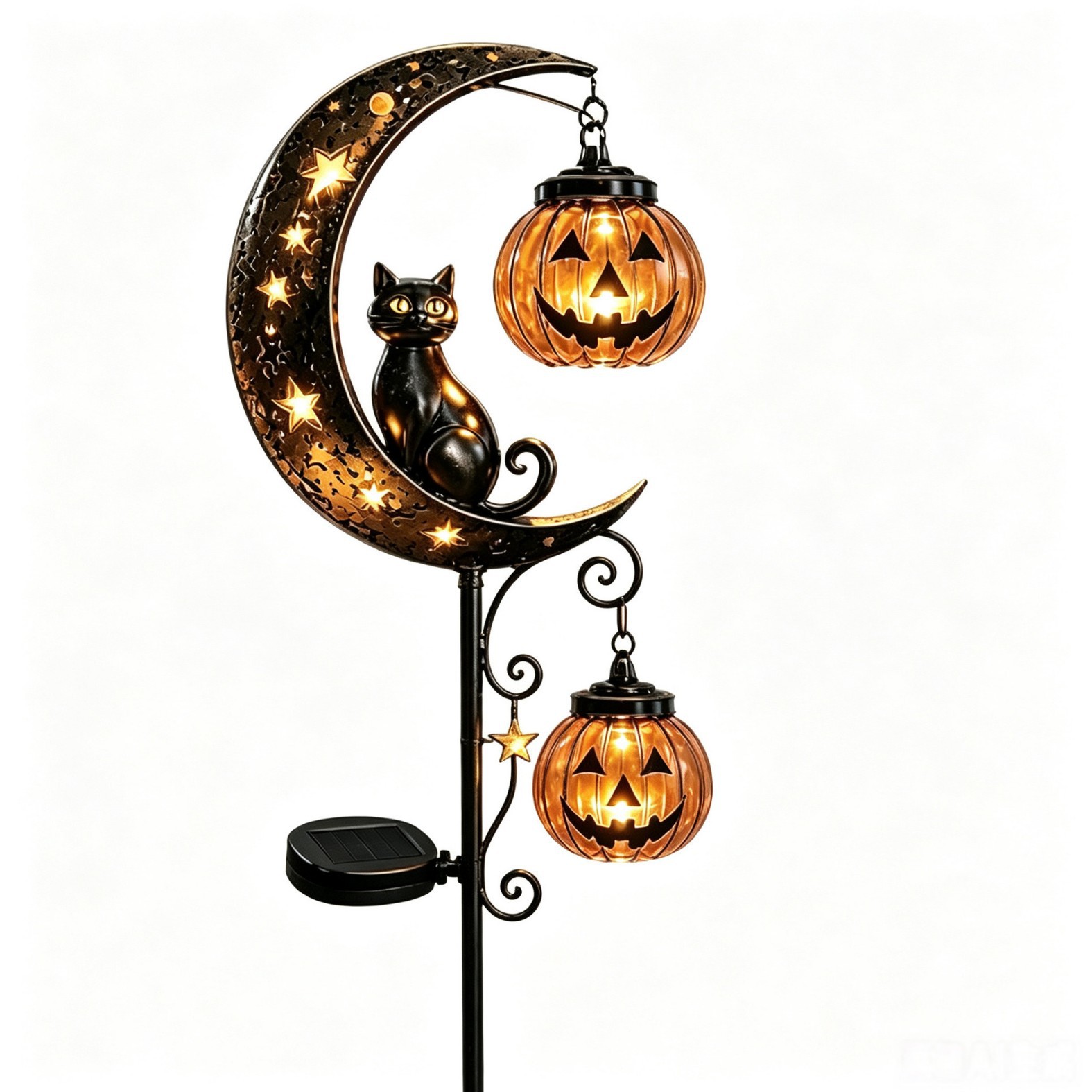 Solar-Powered Halloween Garden Stakes, Black Cat and Moon with Two Pumpkins Outdoor Lights