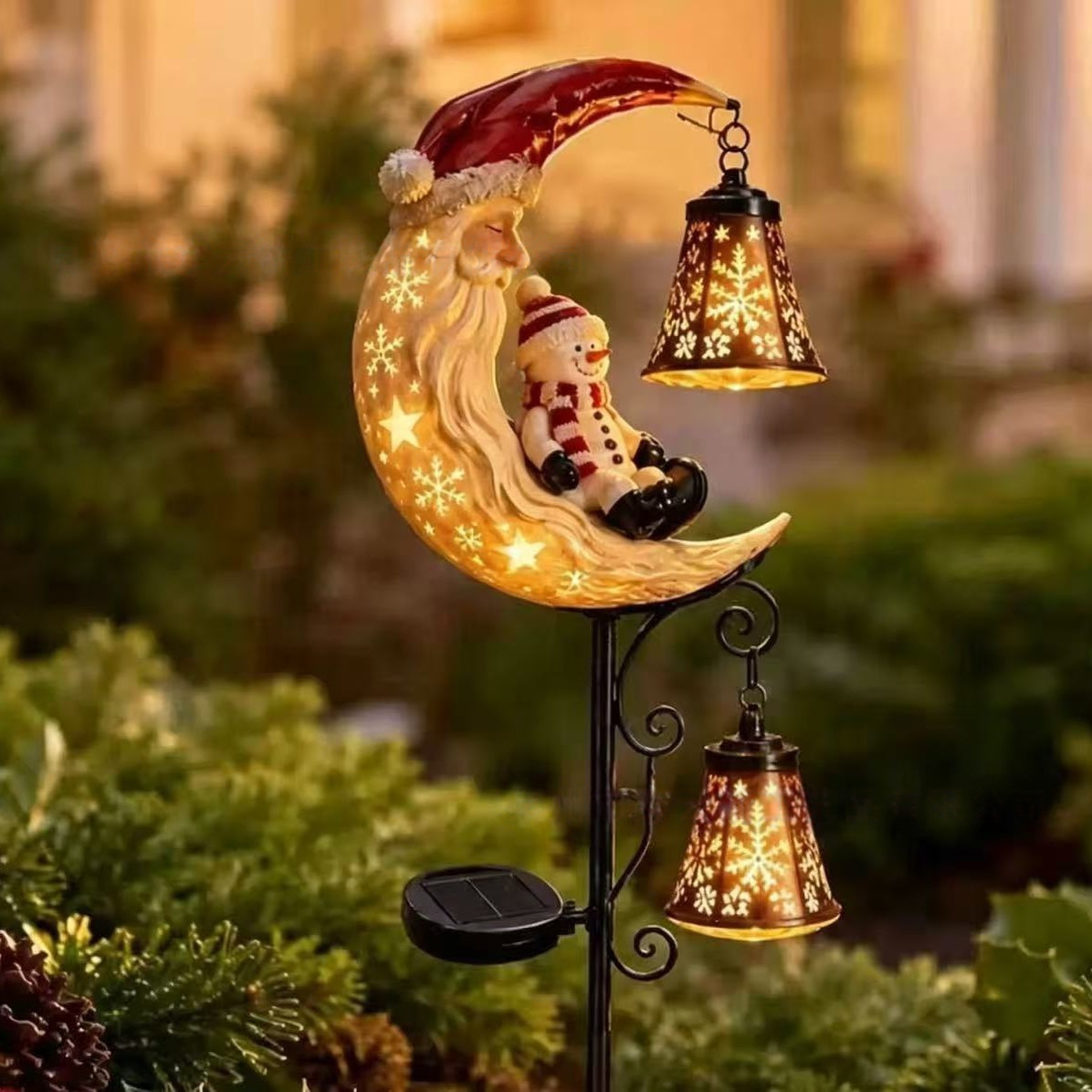 Solar-Powered Halloween Garden Stakes, Black Cat and Moon with Two Pumpkins Outdoor Lights