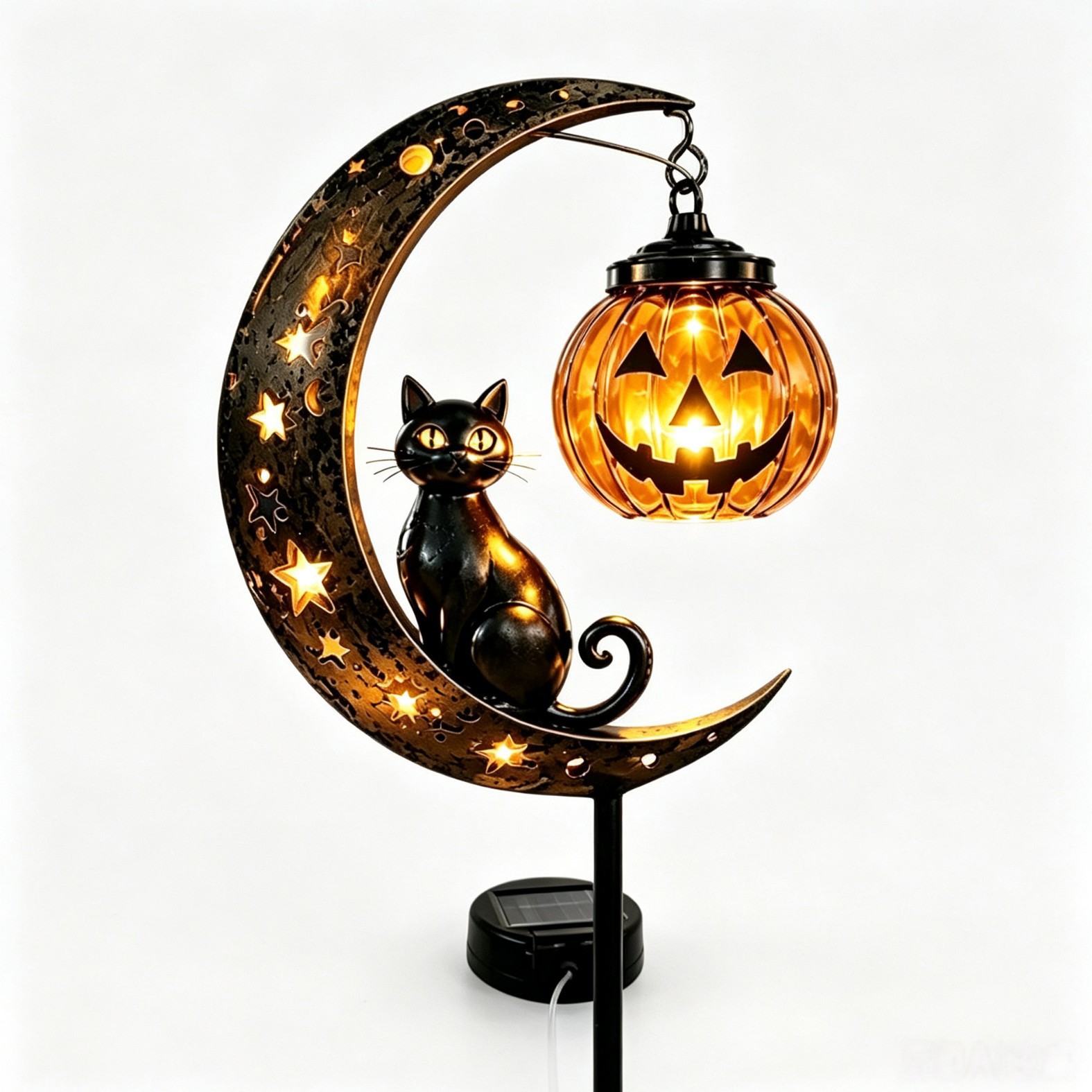 Solar-Powered Halloween Garden Stakes, Black Cat and Moon with Two Pumpkins Outdoor Lights