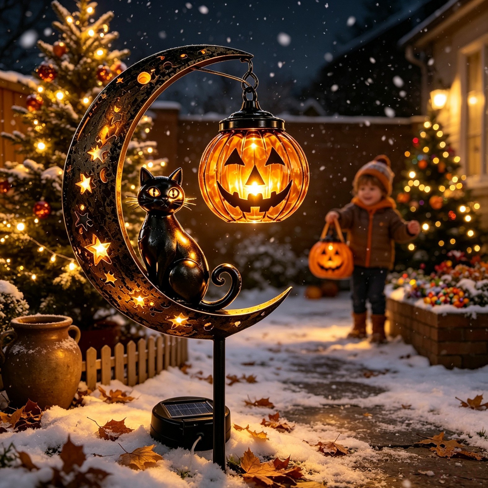 Solar-Powered Halloween Garden Stakes, Black Cat and Moon with Two Pumpkins Outdoor Lights