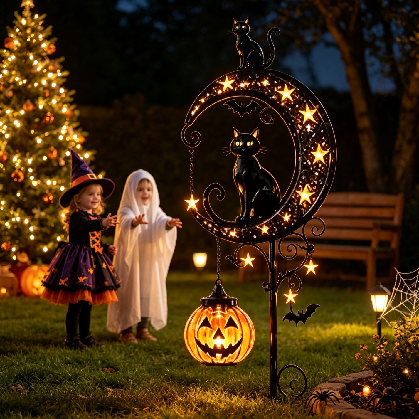 Solar-Powered Halloween Garden Stakes, Black Cat and Moon with Two Pumpkins Outdoor Lights
