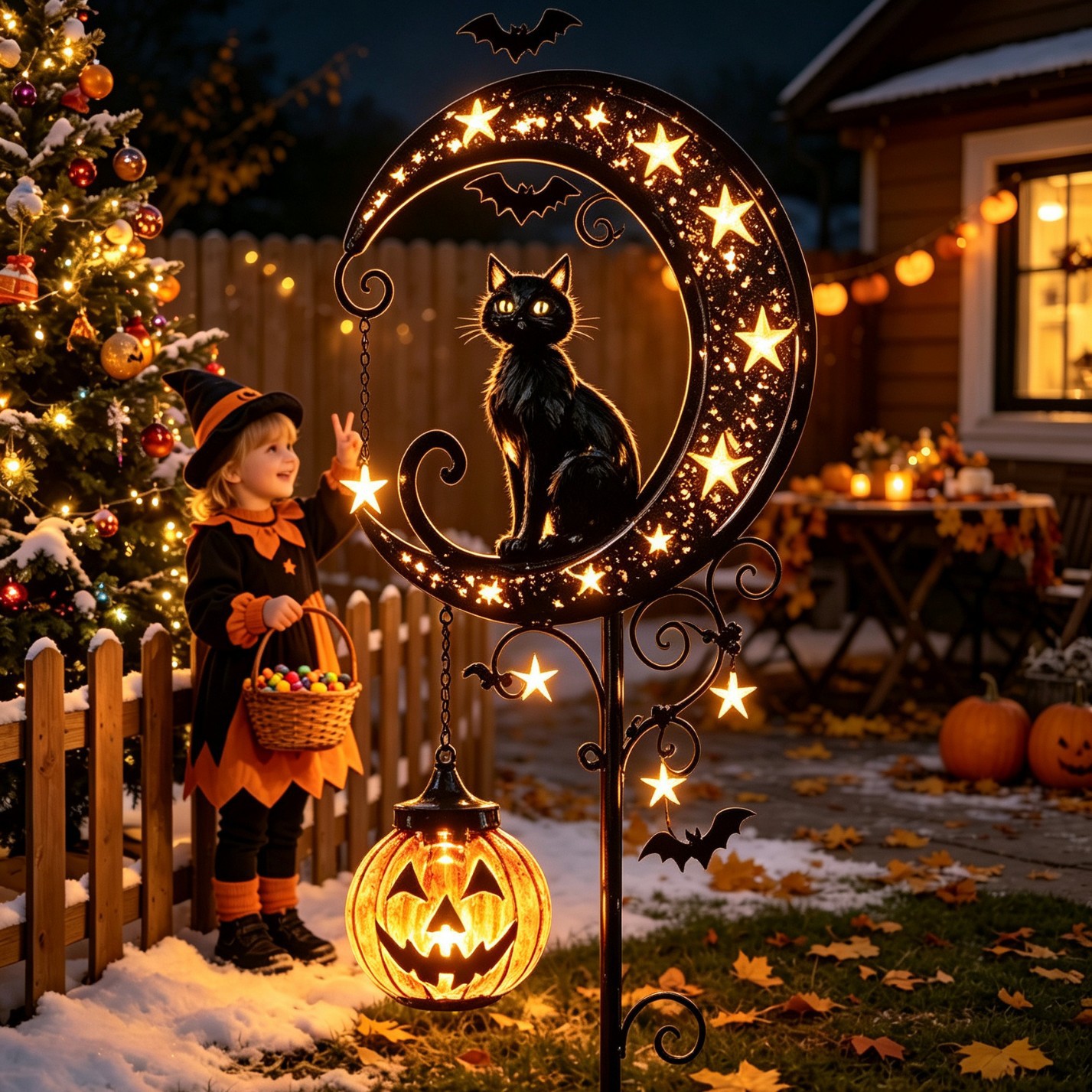 Solar-Powered Halloween Garden Stakes, Black Cat and Moon with Two Pumpkins Outdoor Lights
