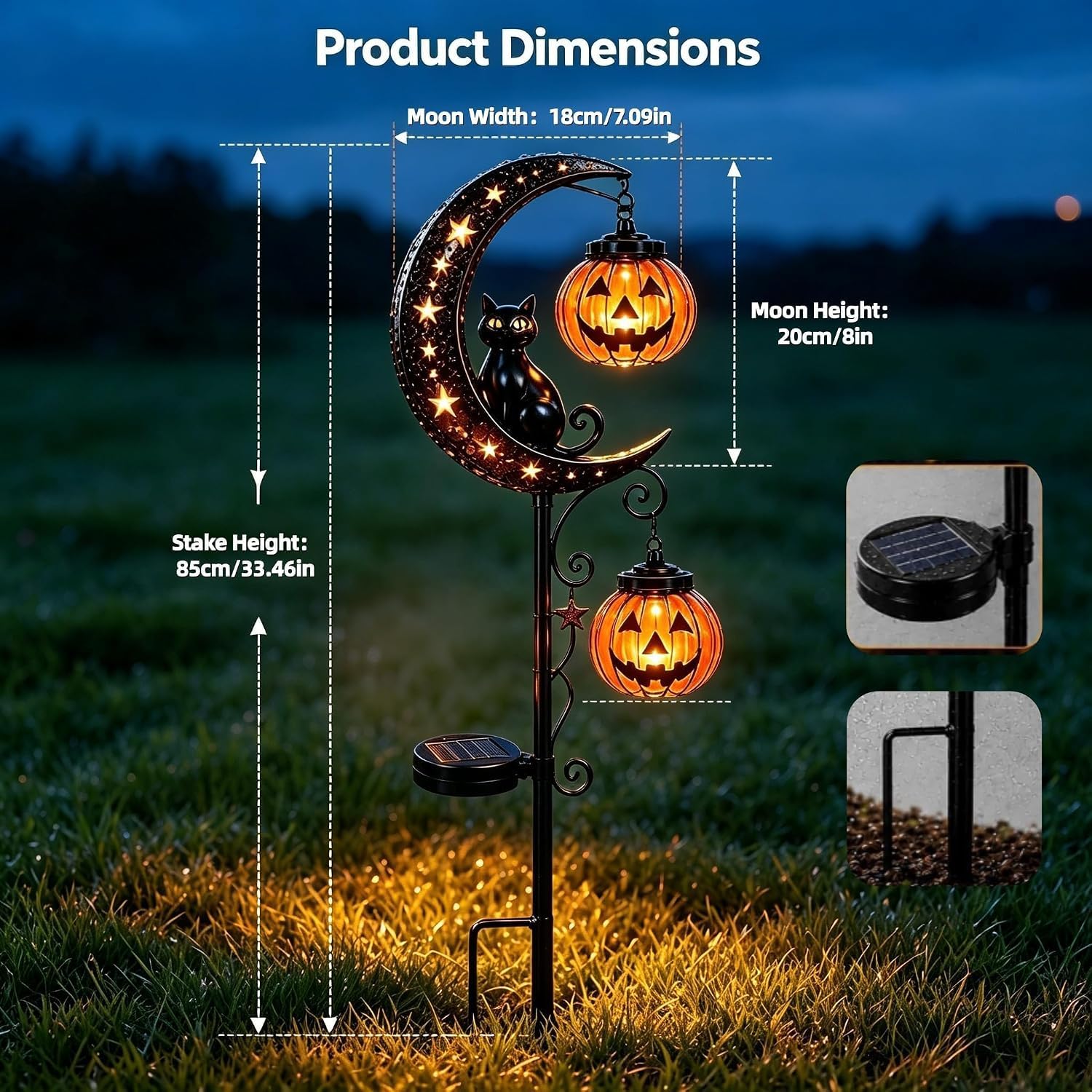Solar-Powered Halloween Garden Stakes, Black Cat and Moon with Two Pumpkins Outdoor Lights