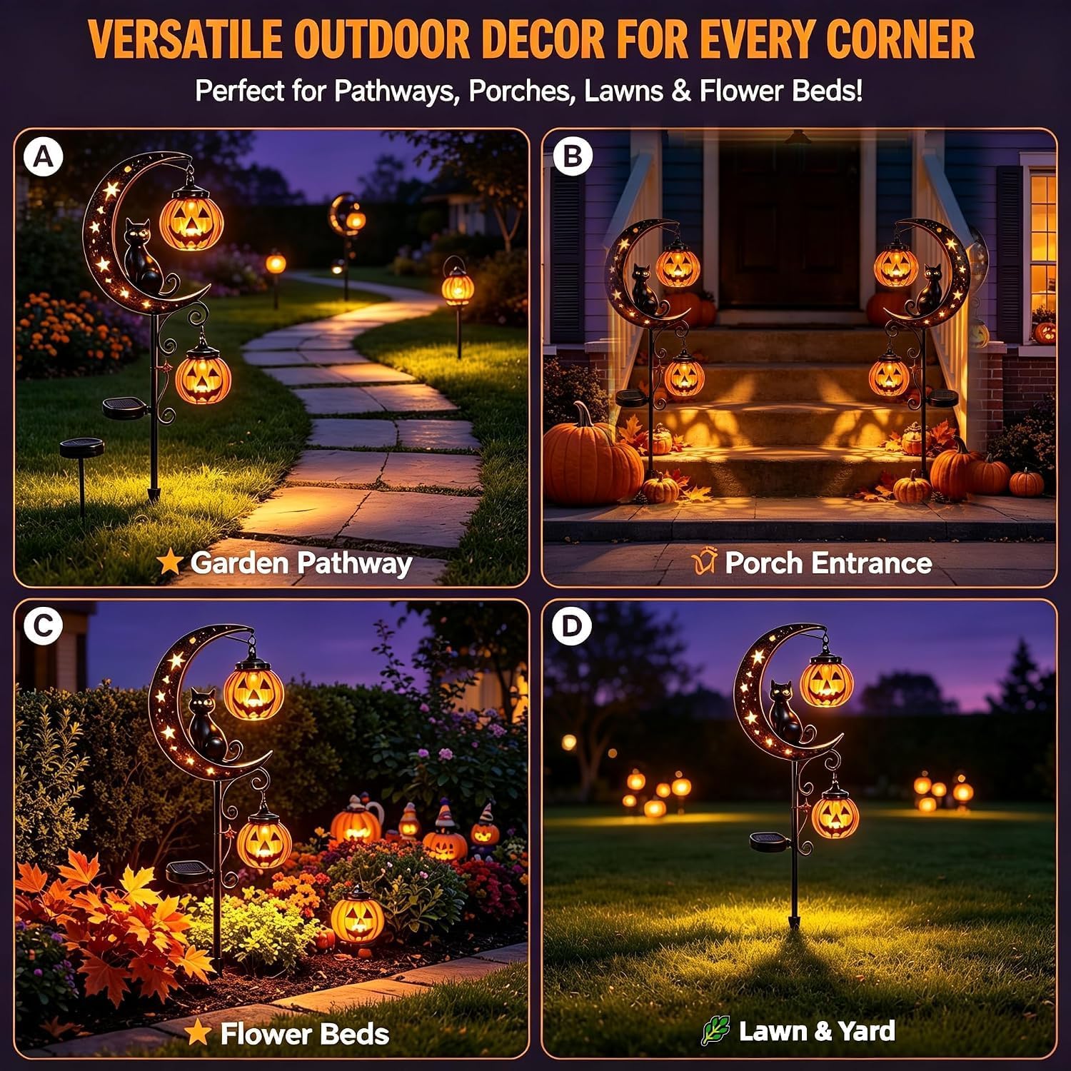 Solar-Powered Halloween Garden Stakes, Black Cat and Moon with Two Pumpkins Outdoor Lights
