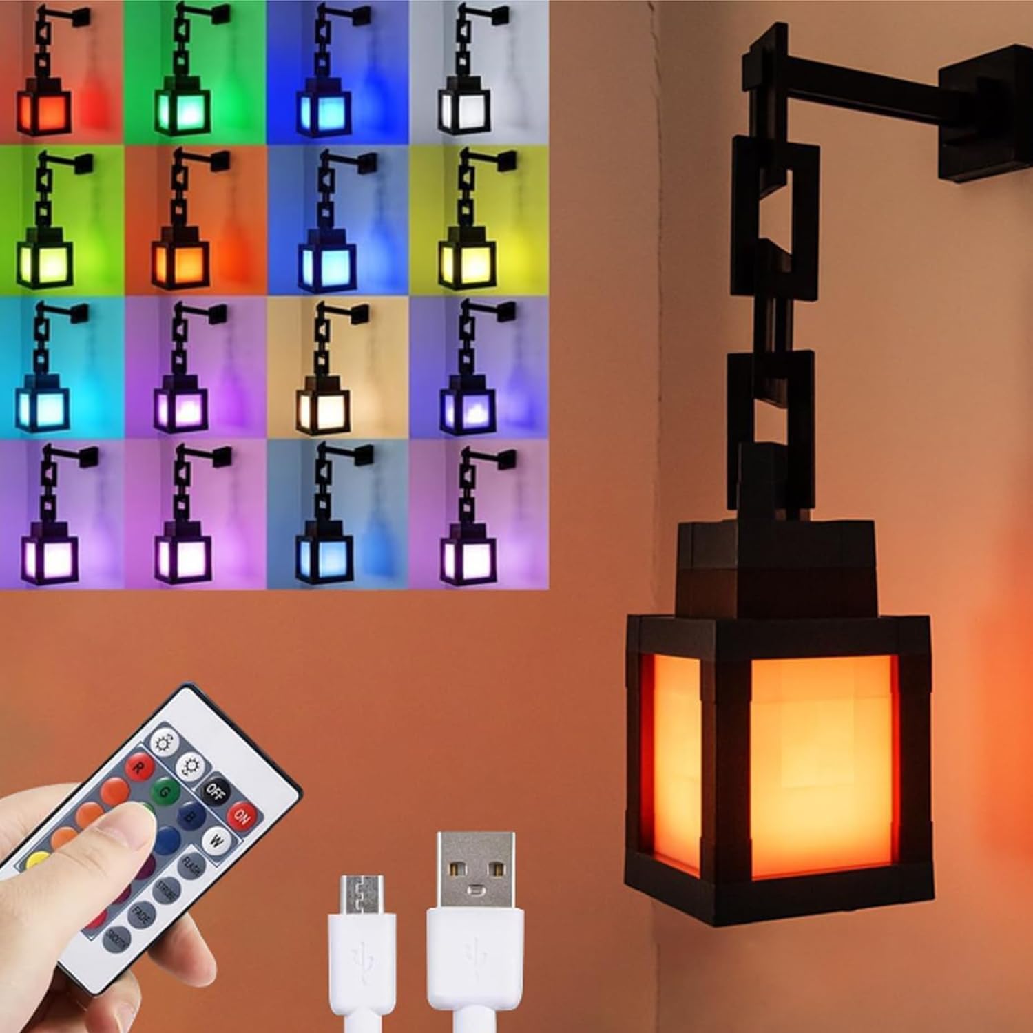 Children's Pixelated Lantern Night Light, LED Wall Lamp with 16-Color Changing Lights
