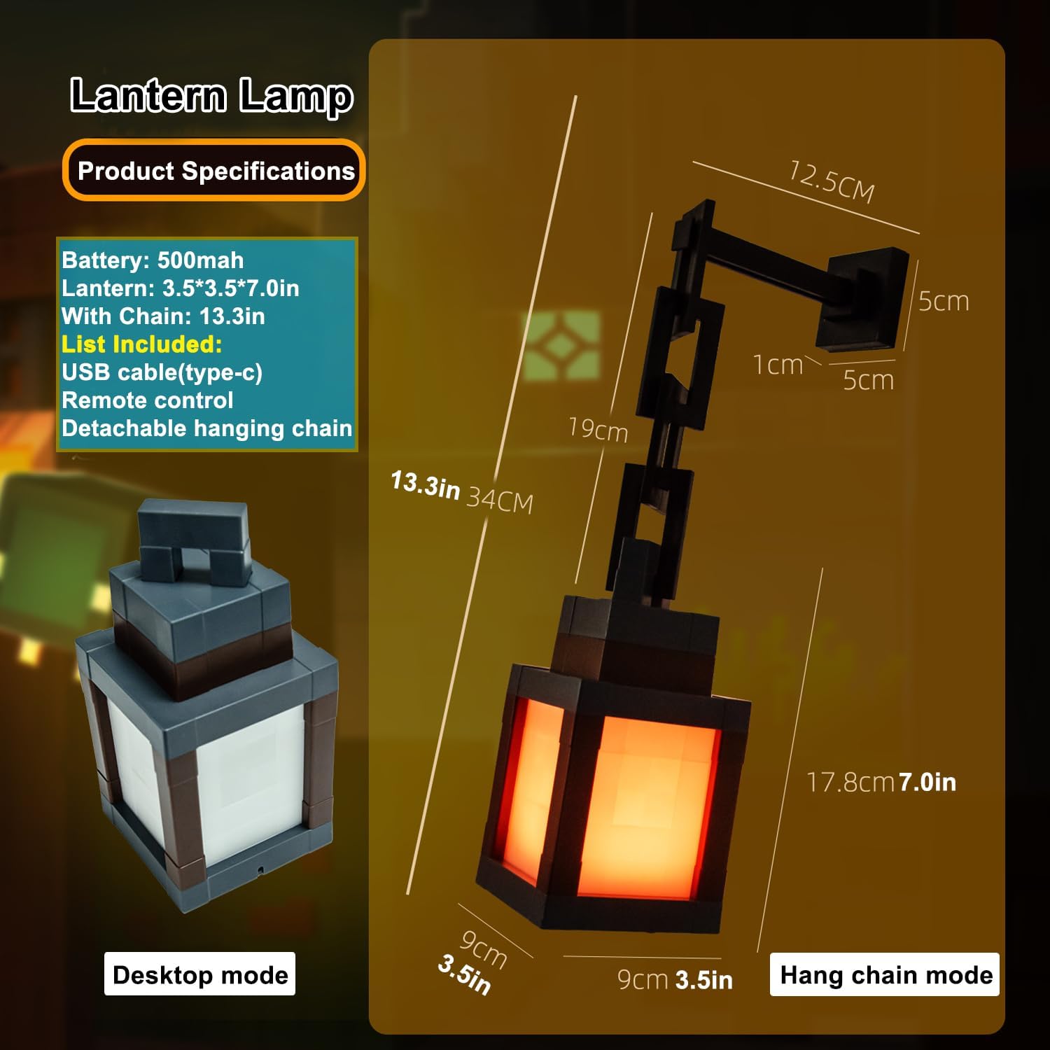 Children's Pixelated Lantern Night Light, LED Wall Lamp with 16-Color Changing Lights