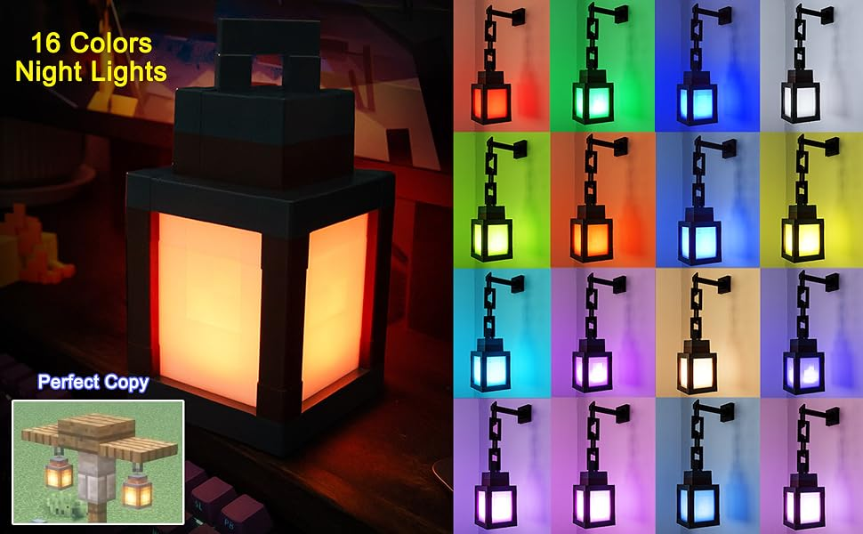 Children's Pixelated Lantern Night Light, LED Wall Lamp with 16-Color Changing Lights
