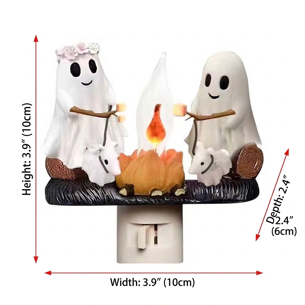 Halloween Ghost Campfire Night Light, Plug-in Wall-Mounted Flickering Flame Night Light, 3D Cute Ghost Marshmallow Ghost Decor for the Bedroom, Ghost-Themed Seasonal Home Decor for Halloween—For Kids and Adults