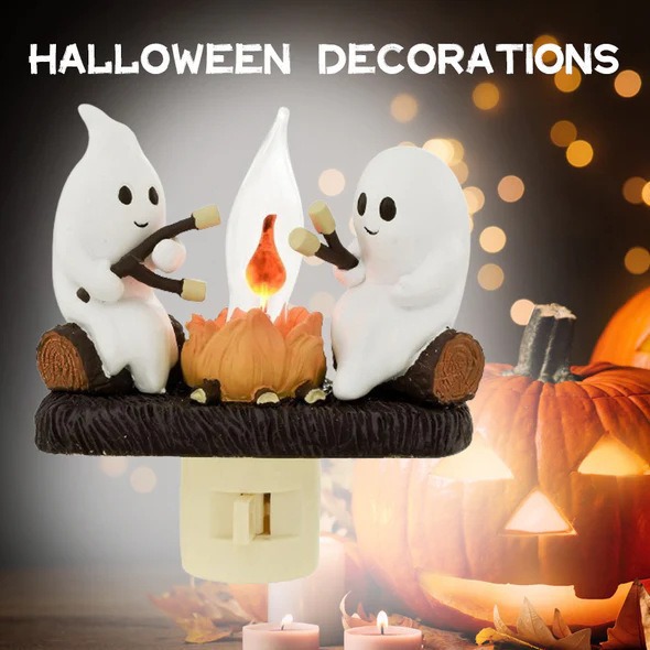 Halloween Ghost Campfire Night Light, Plug-in Wall-Mounted Flickering Flame Night Light, 3D Cute Ghost Marshmallow Ghost Decor for the Bedroom, Ghost-Themed Seasonal Home Decor for Halloween—For Kids and Adults