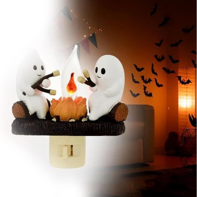 Halloween Ghost Campfire Night Light, Plug-in Wall-Mounted Flickering Flame Night Light, 3D Cute Ghost Marshmallow Ghost Decor for the Bedroom, Ghost-Themed Seasonal Home Decor for Halloween—For Kids and Adults