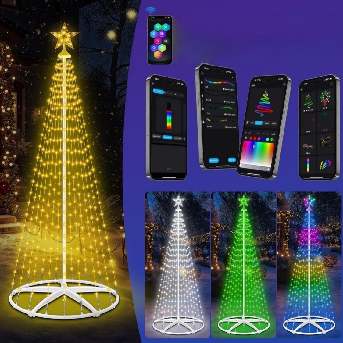 Outdoor Waterproof Smart LED Conical Christmas Tree String Lights—APP-Controlled, Timer-Enabled RGB Color-Changing Tree Lights for Christmas and Year-Round Yard Decorations