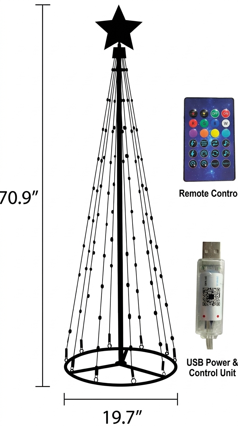 Outdoor Waterproof Smart LED Conical Christmas Tree String Lights—APP-Controlled, Timer-Enabled RGB Color-Changing Tree Lights for Christmas and Year-Round Yard Decorations