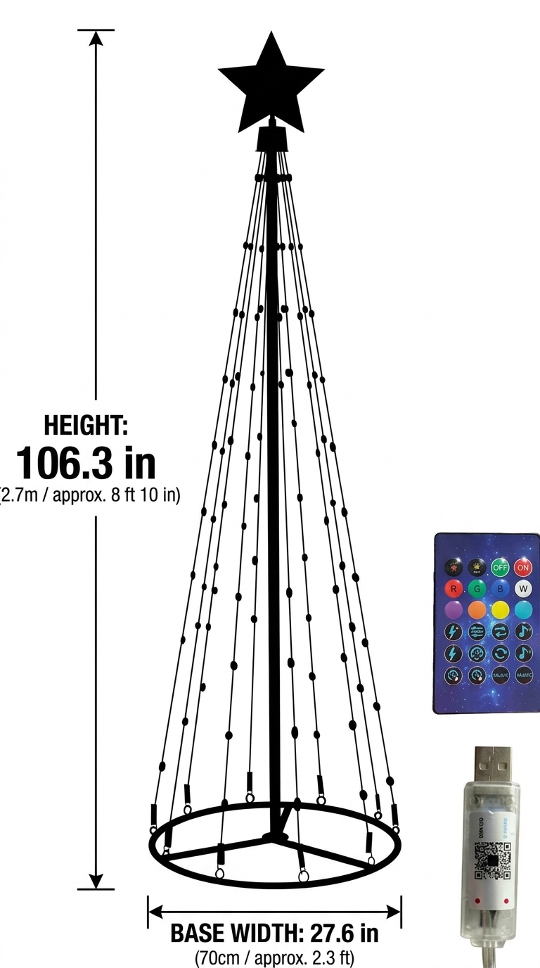 Outdoor Waterproof Smart LED Conical Christmas Tree String Lights—APP-Controlled, Timer-Enabled RGB Color-Changing Tree Lights for Christmas and Year-Round Yard Decorations