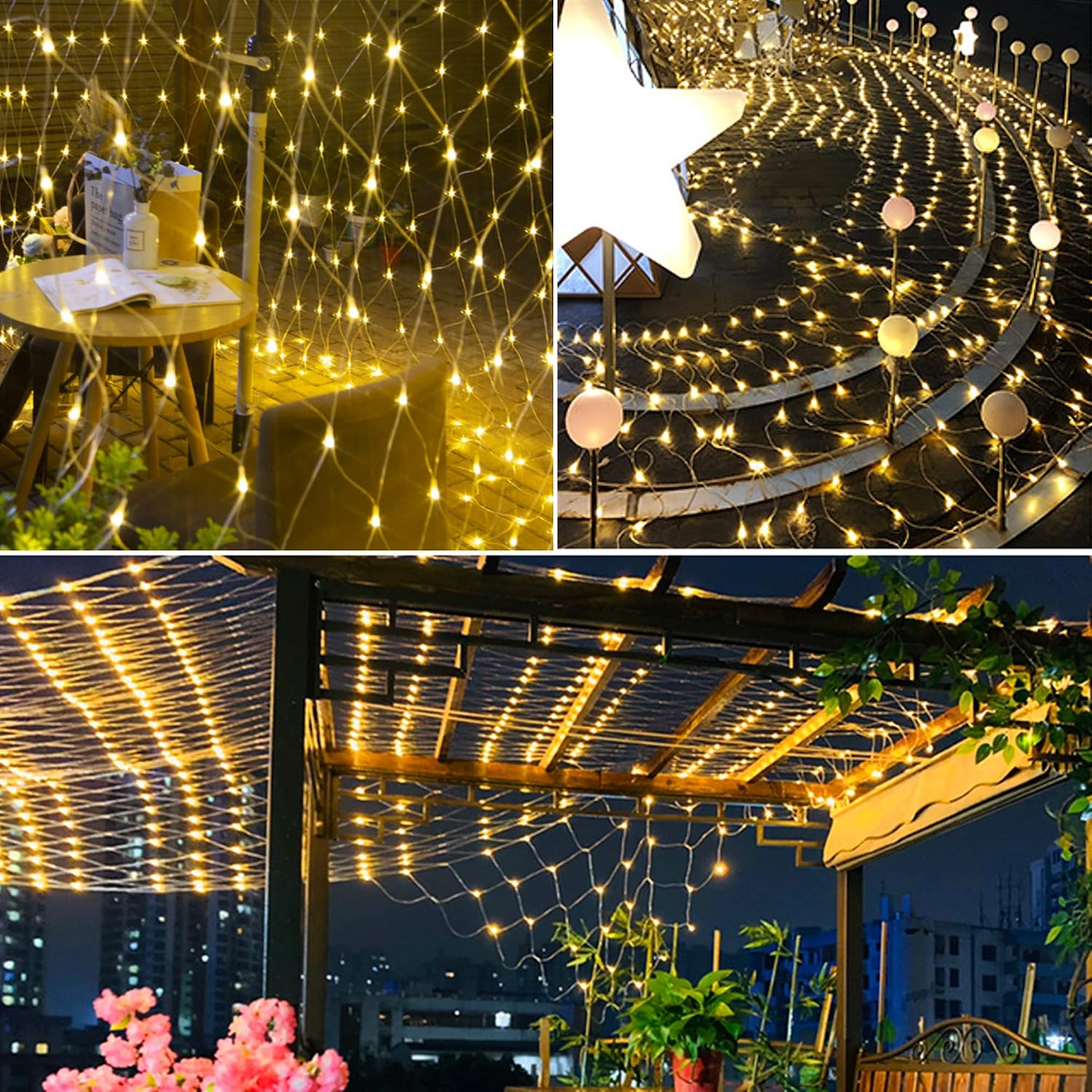 Outdoor Christmas String Lights, 9.84 x 9.84 ft, 320 LED Warm White with Green Wires, Mesh Design, 8 Modes, Chainable, for Decorating Shrubs and Trees