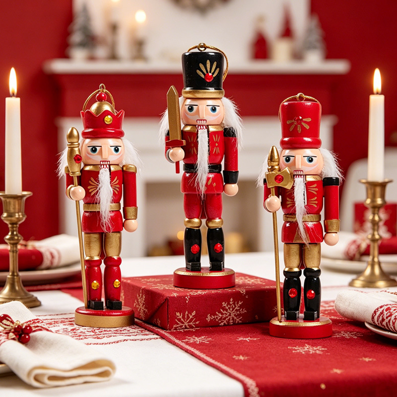 Wooden Red and White Nutcracker Soldier Set—Traditionally Painted Wooden Figurines—Christmas Tree, Fireplace, Table, and Nightstand Holiday Decorations