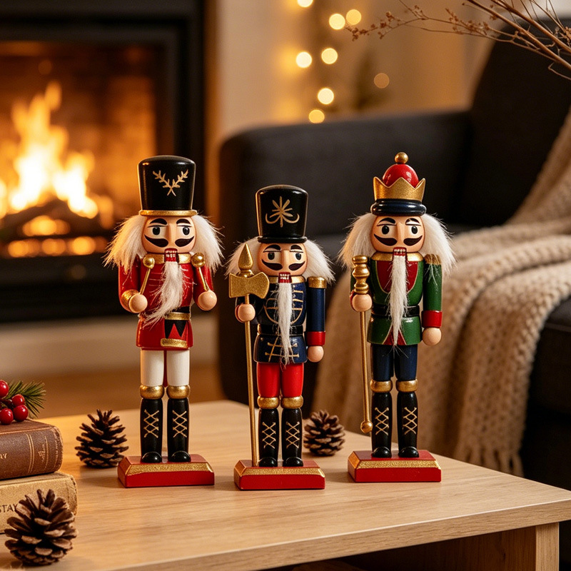 Wooden Red and White Nutcracker Soldier Set—Traditionally Painted Wooden Figurines—Christmas Tree, Fireplace, Table, and Nightstand Holiday Decorations