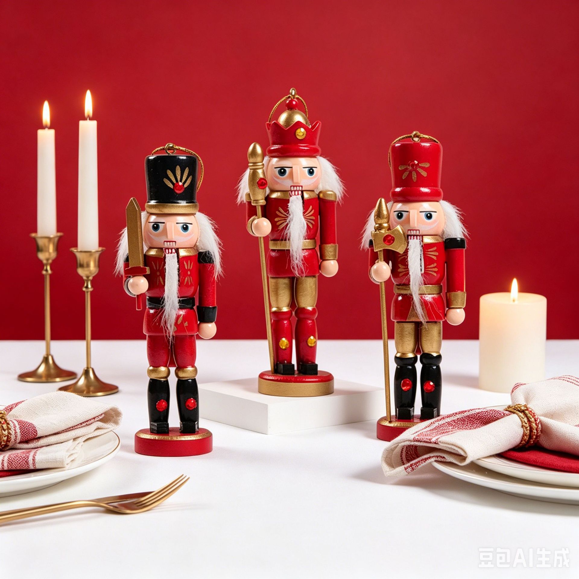 Wooden Red and White Nutcracker Soldier Set—Traditionally Painted Wooden Figurines—Christmas Tree, Fireplace, Table, and Nightstand Holiday Decorations
